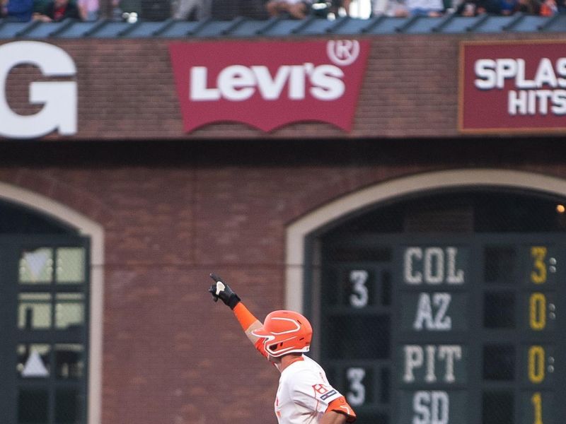 Aug 13, 2024; San Francisco, California, USA;  San Francisco Giants shortstop Tyler Fitzgerald (49) motions to the crowd after hitting a home run during the third inning at Oracle Park. Mandatory Credit: Ed Szczepanski-USA TODAY Sports