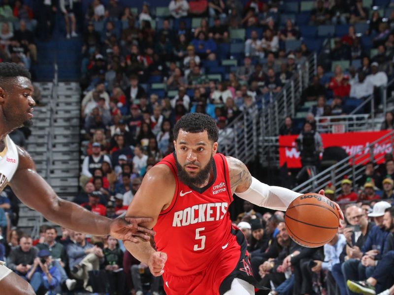 NEW ORLEANS, LA - FEBRUARY 22: Fred VanVleet #5 of the Houston Rockets dribbles the ball during the game against the New Orleans Pelicans on February 22, 2024 at the Smoothie King Center in New Orleans, Louisiana. NOTE TO USER: User expressly acknowledges and agrees that, by downloading and or using this Photograph, user is consenting to the terms and conditions of the Getty Images License Agreement. Mandatory Copyright Notice: Copyright 2024 NBAE (Photo by Layne Murdoch Jr./NBAE via Getty Images)