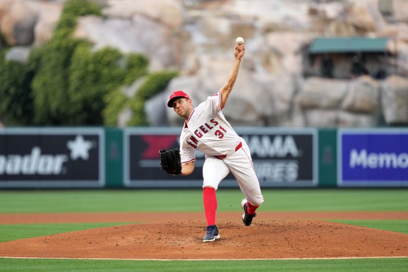 Jun 3, 2024; Anaheim, California, USA; Los Angeles Angels pitcher Tyler Anderson (31) throws in the second inning against the San Diego Padres at Angel Stadium. Mandatory Credit: Kirby Lee-USA TODAY Sports