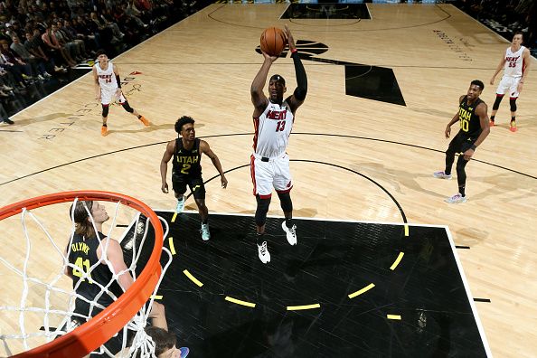 SALT LAKE CITY, UT - DECEMBER 30: Bam Adebayo #13 of the Miami Heat shoots the ball during the game against the Utah Jazz on December 30, 2023 at Delta Center in Salt Lake City, Utah. NOTE TO USER: User expressly acknowledges and agrees that, by downloading and or using this Photograph, User is consenting to the terms and conditions of the Getty Images License Agreement. Mandatory Copyright Notice: Copyright 2023 NBAE (Photo by Melissa Majchrzak/NBAE via Getty Images)