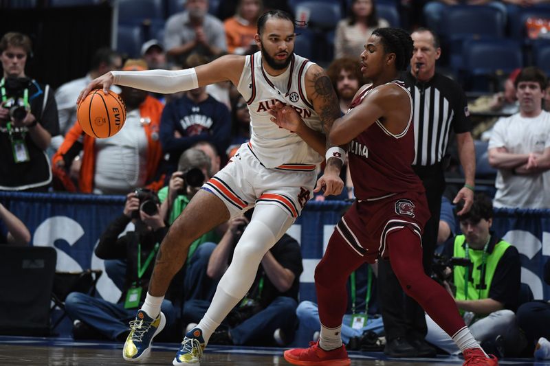 Mar 15, 2024; Nashville, TN, USA; South Carolina Gamecocks forward Stephen Clark (4) works in the post against South Carolina Gamecocks forward Stephen Clark (4) during the second half at Bridgestone Arena. Mandatory Credit: Christopher Hanewinckel-USA TODAY Sports