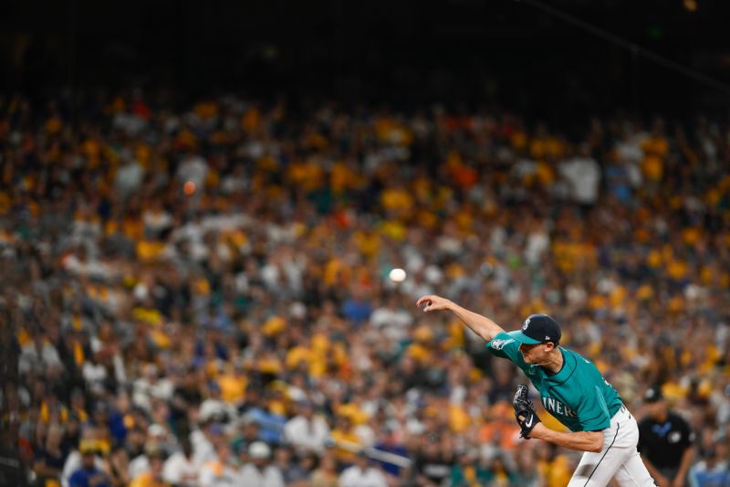 Aug 12, 2023; Seattle, Washington, USA; Seattle Mariners starting pitcher George Kirby (68) pitches to the Baltimore Orioles during the ninth inning at T-Mobile Park. Mandatory Credit: Steven Bisig-USA TODAY Sports