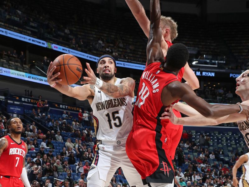 NEW ORLEANS, LA - FEBRUARY 22: Jose Alvarado #15 of the New Orleans Pelicans handles the ball during the game against the Houston Rockets on February 22, 2024 at the Smoothie King Center in New Orleans, Louisiana. NOTE TO USER: User expressly acknowledges and agrees that, by downloading and or using this Photograph, user is consenting to the terms and conditions of the Getty Images License Agreement. Mandatory Copyright Notice: Copyright 2024 NBAE (Photo by Layne Murdoch Jr./NBAE via Getty Images)