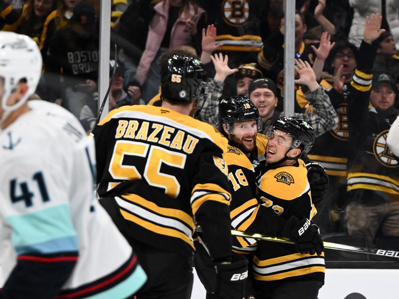 Nov 3, 2024; Boston, Massachusetts, USA; Boston Bruins center Pavel Zacha (18) celebrates a goal that was overturned on review against the Seattle Kraken during the first period at the TD Garden. Mandatory Credit: Brian Fluharty-Imagn Images