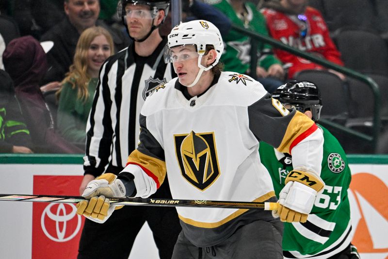 Dec 9, 2023; Dallas, Texas, USA; Vegas Golden Knights defenseman Kaedan Korczak (6) skates against the Dallas Stars during the third period at the American Airlines Center. Mandatory Credit: Jerome Miron-USA TODAY Sports