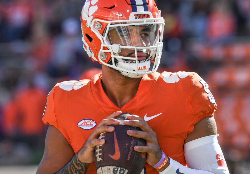 Nov 26, 2022; Clemson, SC, USA; Clemson quarterback D.J. Uiagalelei (5) warms up before the game with South Carolina at Memorial Stadium in Clemson, S.C. Saturday, Nov. 26, 2022.    Mandatory Credit: Ken Ruinard-USA TODAY Sports