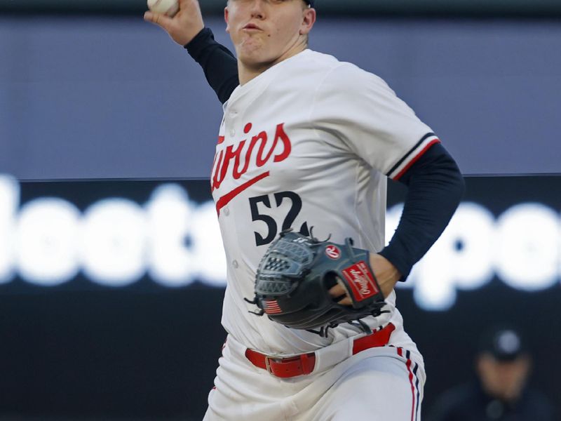 Sep 28, 2024; Minneapolis, Minnesota, USA; Minnesota Twins starting pitcher Zebby Matthews (52) throws to the Baltimore Orioles in the first inning at Target Field. Mandatory Credit: Bruce Kluckhohn-Imagn Images