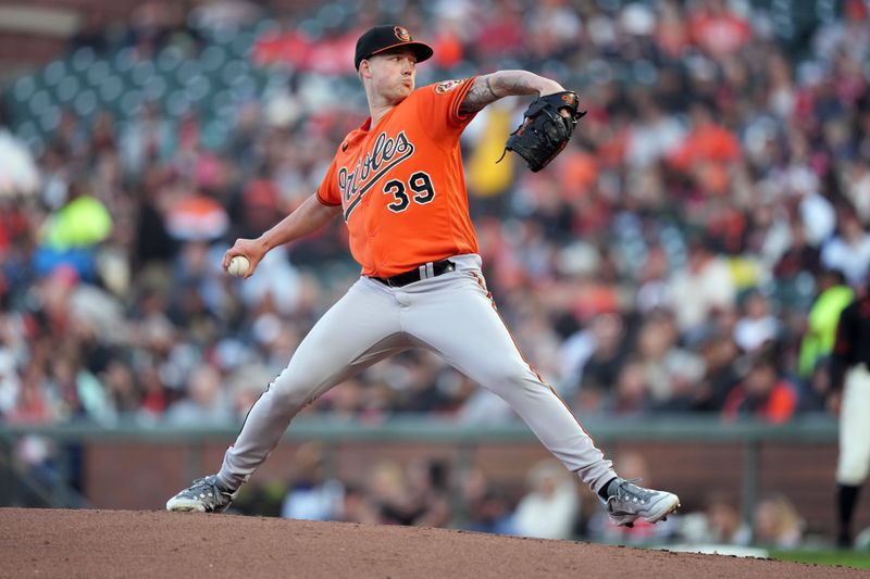 Jun 3, 2023; San Francisco, California, USA;  Baltimore Orioles starting pitcher Kyle Bradish (39) throws a pitch against the San Francisco Giants during the first inning at Oracle Park. Mandatory Credit: Darren Yamashita-USA TODAY Sports