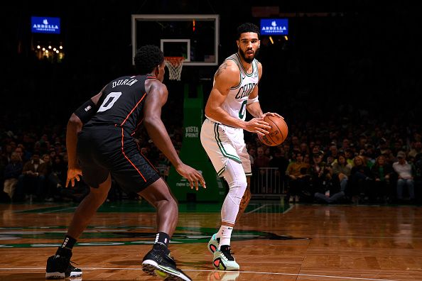 BOSTON, MA - DECEMBER 28: Jayson Tatum #0 of the Boston Celtics dribbles the ball during the game against the Detroit Pistons on December 28, 2023 at the TD Garden in Boston, Massachusetts. NOTE TO USER: User expressly acknowledges and agrees that, by downloading and or using this photograph, User is consenting to the terms and conditions of the Getty Images License Agreement. Mandatory Copyright Notice: Copyright 2023 NBAE  (Photo by Brian Babineau/NBAE via Getty Images)