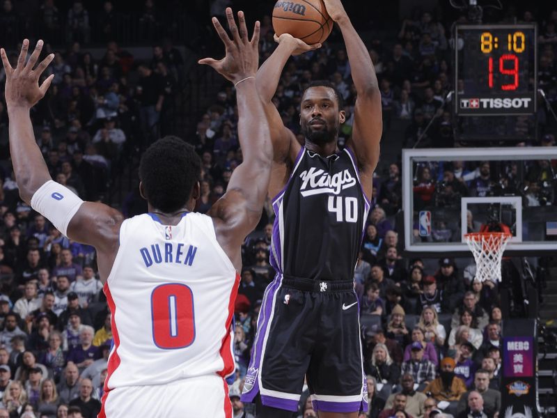 SACRAMENTO, CA - FEBRUARY 7: Harrison Barnes #40 of the Sacramento Kings shoots a three point basket during the game against the Detroit Pistons on February 7, 2024 at Golden 1 Center in Sacramento, California. NOTE TO USER: User expressly acknowledges and agrees that, by downloading and or using this Photograph, user is consenting to the terms and conditions of the Getty Images License Agreement. Mandatory Copyright Notice: Copyright 2024 NBAE (Photo by Rocky Widner/NBAE via Getty Images)