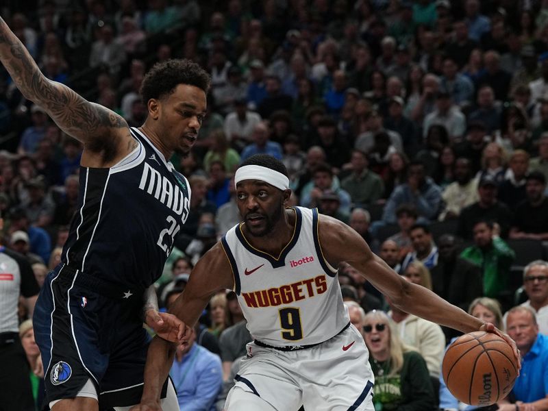 DALLAS, TX - MARCH 17: Justin Holiday #9 of the Denver Nuggets handles the ball during the game against the Dallas Mavericks on March 17, 2024 at the American Airlines Center in Dallas, Texas. NOTE TO USER: User expressly acknowledges and agrees that, by downloading and or using this photograph, User is consenting to the terms and conditions of the Getty Images License Agreement. Mandatory Copyright Notice: Copyright 2024 NBAE (Photo by Glenn James/NBAE via Getty Images)