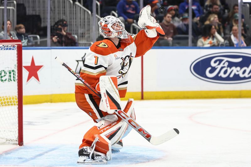 Oct 29, 2024; Elmont, New York, USA; Anaheim Ducks goaltender Lukas Dostal (1) catches the puck in the second period against the New York Islanders at UBS Arena. Mandatory Credit: Wendell Cruz-Imagn Images