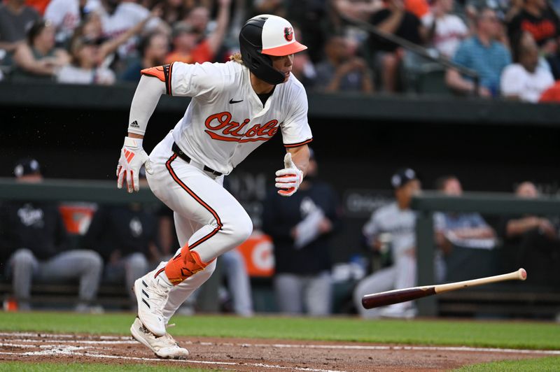 Apr 15, 2024; Baltimore, Maryland, USA;  Baltimore Orioles second baseman Jackson Holiday  runs out a second inning ground out against the Minnesota Twins at Oriole Park at Camden Yards. Mandatory Credit: Tommy Gilligan-USA TODAY Sports