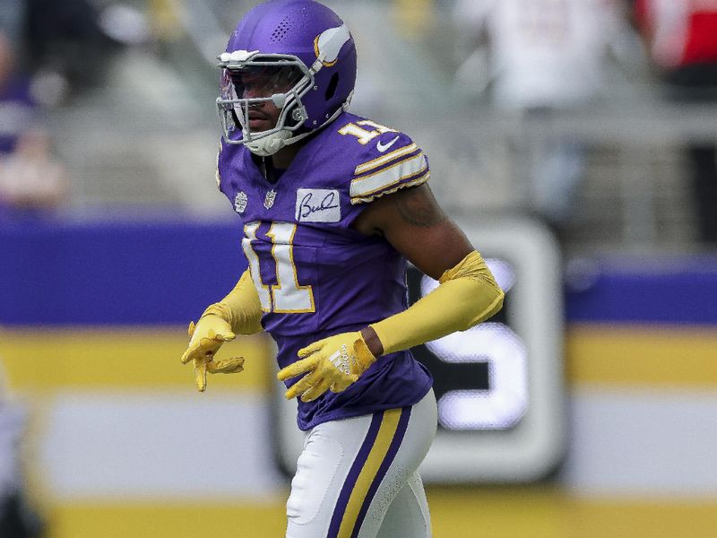 Minnesota Vikings cornerback NaJee Thompson (11) during the first half of an NFL football game against the Tampa Bay Buccaneers, Sunday, Sept. 9, 2023 in Minneapolis. (AP Photo/Stacy Bengs)