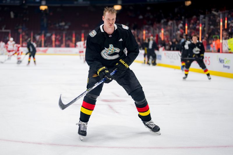 Feb 13, 2023; Vancouver, British Columbia, CAN; Vancouver Canucks defenseman Tyler Myers (57) skies during warm up prior to a game against the Detroit Red Wings at Rogers Arena. Mandatory Credit: Bob Frid-USA TODAY Sports