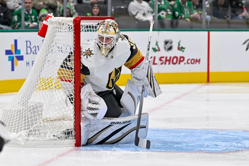 Dec 9, 2023; Dallas, Texas, USA; Vegas Golden Knights goaltender Logan Thompson (36) faces the Dallas Stars attack during the second period at the American Airlines Center. Mandatory Credit: Jerome Miron-USA TODAY Sports