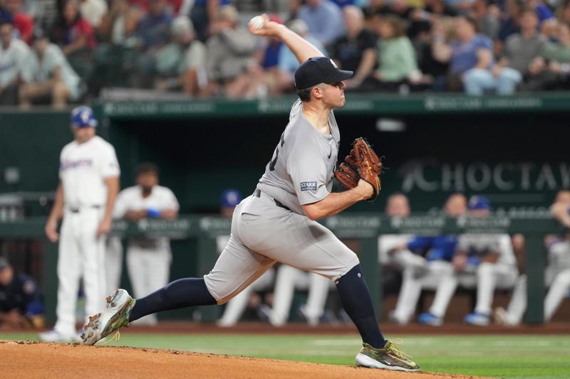 Sep 3, 2024; Arlington, Texas, USA; New York Yankees starting pitcher Carlos Rodon (55) delivers a pitch to the Texas Rangers during the first inning at Globe Life Field. Mandatory Credit: Jim Cowsert-Imagn Images