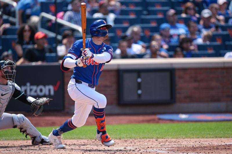 Jun 2, 2024; New York City, New York, USA; New York Mets left fielder Brandon Nimmo (9) hits an two-RBI triple during the third inning against the Arizona Diamondbacks at Citi Field. Mandatory Credit: Vincent Carchietta-USA TODAY Sports