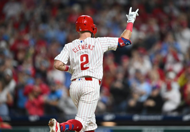 Sep 25, 2024; Philadelphia, Pennsylvania, USA; Philadelphia Phillies infielder Kody Clemens (2) rounds the bases after hitting a home run against the Chicago Cubs in the fourth inning at Citizens Bank Park. Mandatory Credit: Kyle Ross-Imagn Images