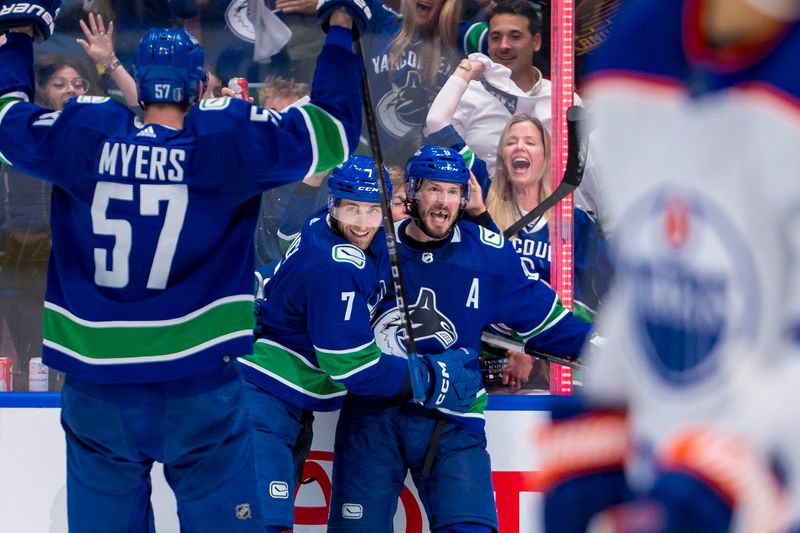 May 16, 2024; Vancouver, British Columbia, CAN; Vancouver Canucks defenseman Tyler Myers (57) and forward J.T. Miller (9) and defenseman Carson Soucy (7) celebrate after the game winning goal against the Edmonton Oilers during the third period in game five of the second round of the 2024 Stanley Cup Playoffs at Rogers Arena. Mandatory Credit: Bob Frid-USA TODAY Sports