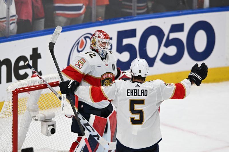 Jun 13, 2024; Edmonton, Alberta, CAN; Florida Panthers defenseman Aaron Ekblad (5) celebrates with goaltender Sergei Bobrovsky (72) after defeating Edmonton Oilers in game three of the 2024 Stanley Cup Final at Rogers Place. Mandatory Credit: Walter Tychnowicz-USA TODAY Sports
