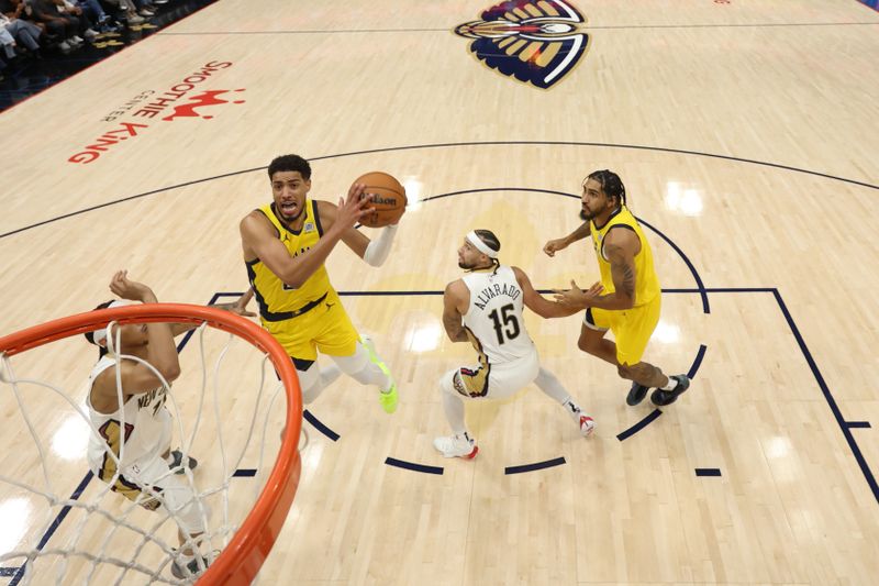 CHICAGO, IL - NOVEMBER 1: Tyrese Haliburton #0 of the Indiana Pacers drives to the basket during the game against the New Orleans Pelicans on November 1, 2024 at Smoothie King Center in New Orleans, Louisiana. NOTE TO USER: User expressly acknowledges and agrees that, by downloading and or using this photograph, User is consenting to the terms and conditions of the Getty Images License Agreement. Mandatory Copyright Notice: Copyright 2024 NBAE (Photo by Jeff Haynes/NBAE via Getty Images)