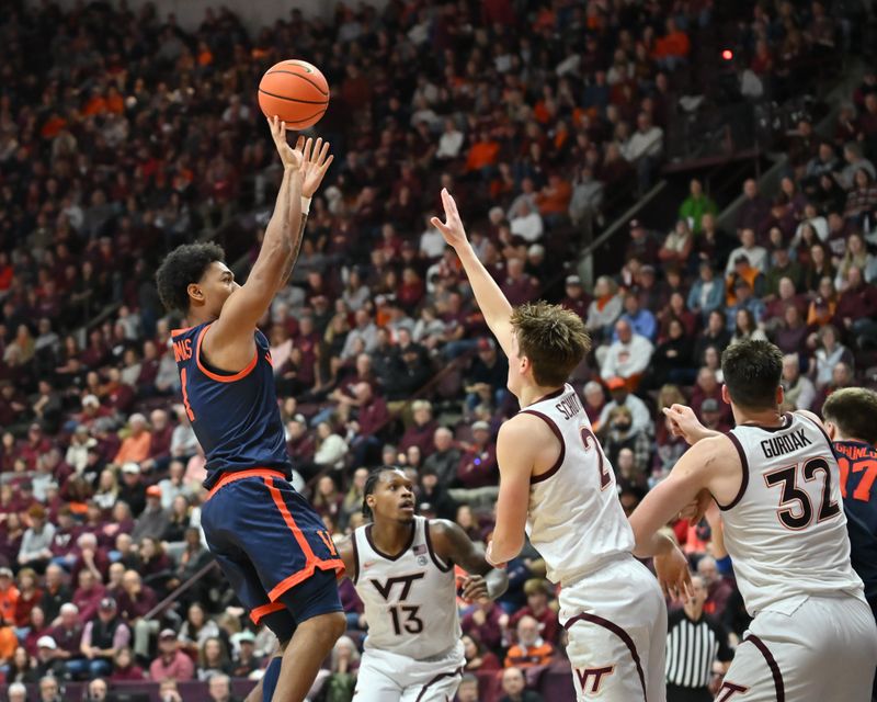 Dec 31, 2025; Blacksburg, Virginia, USA;  Virginia Cavaliers guard Malik Thomas (1) shoots a shot as Virginia Tech Hokies guard Jaden Schutt (2) defends during the second half at Cassell Coliseum. Mandatory Credit: Brian Bishop-Imagn Images