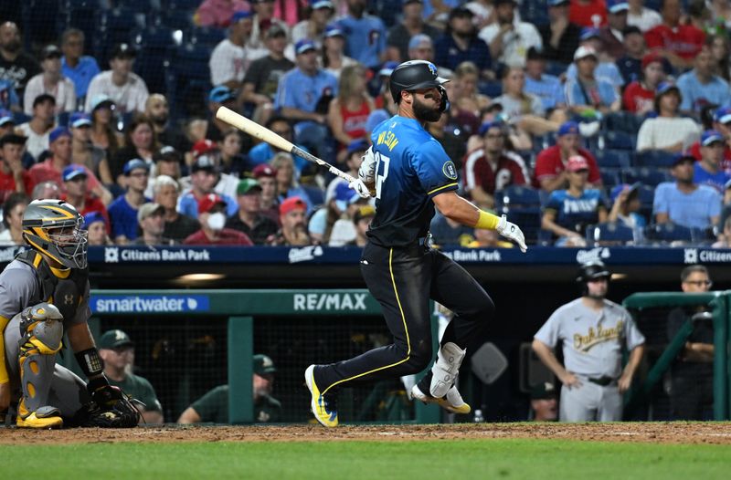 Jul 12, 2024; Philadelphia, Pennsylvania, USA; Philadelphia Phillies outfielder Weston Wilson (37) hits a single against the Oakland Athletics in the ninth inning at Citizens Bank Park. Mandatory Credit: Kyle Ross-USA TODAY Sports