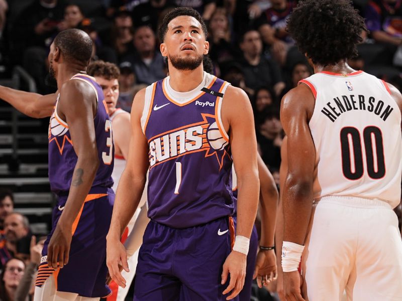 PHOENIX, AZ - NOVEMBER 2: Devin Booker #1 of the Phoenix Suns looks on during the game against the Portland Trail Blazers on November 2, 2024 at Footprint Center in Phoenix, Arizona. NOTE TO USER: User expressly acknowledges and agrees that, by downloading and or using this photograph, user is consenting to the terms and conditions of the Getty Images License Agreement. Mandatory Copyright Notice: Copyright 2024 NBAE (Photo by Kate Frese/NBAE via Getty Images)