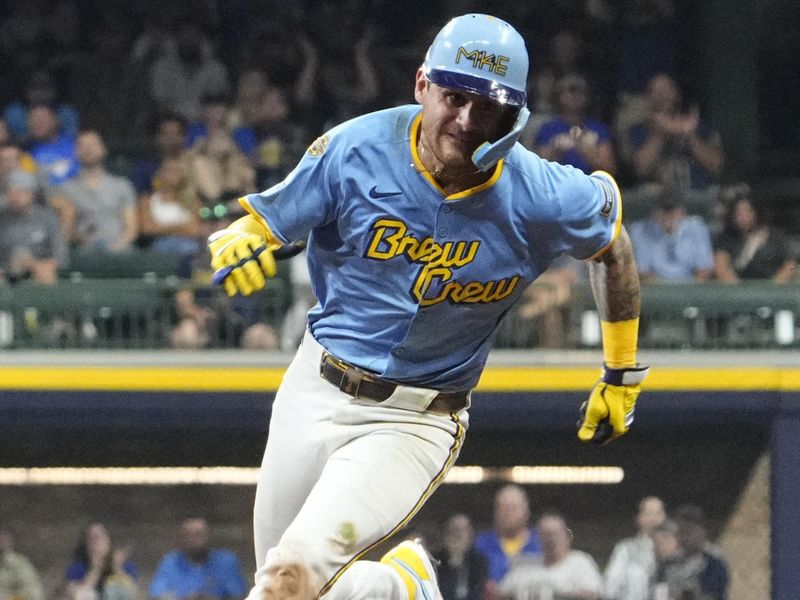 Sep 12, 2025; Milwaukee, Wisconsin, USA; Milwaukee Brewers shortstop Joey Ortiz (3) runs from first to third base against the St. Louis Cardinals in the eighth inning at American Family Field. Mandatory Credit: Michael McLoone-Imagn Images