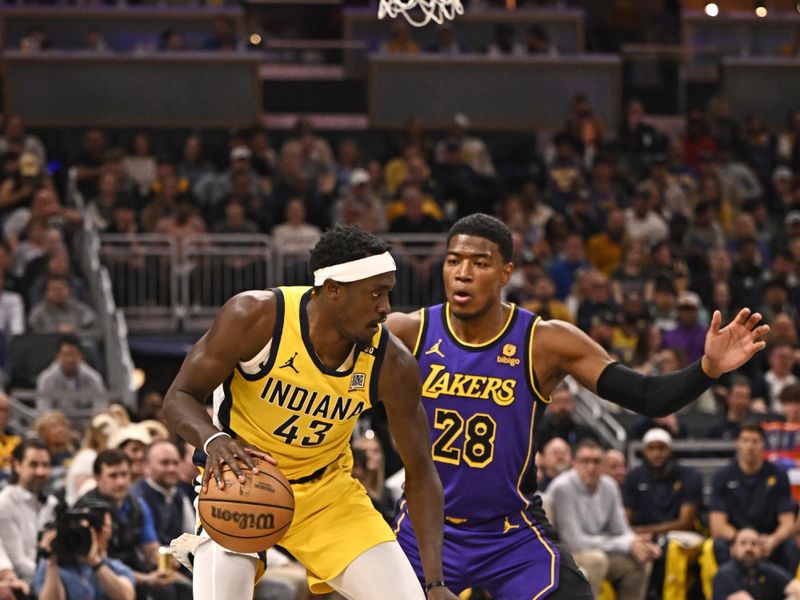 INDIANAPOLIS, IN - MARCH 29: Pascal Siakam #43 of the Indiana Pacers dribbles the ball during the game against the Los Angeles Lakers on March 24, 2024 at Gainbridge Fieldhouse in Indianapolis, Indiana. NOTE TO USER: User expressly acknowledges and agrees that, by downloading and or using this Photograph, user is consenting to the terms and conditions of the Getty Images License Agreement. Mandatory Copyright Notice: Copyright 2024 NBAE (Photo by David Dow/NBAE via Getty Images)