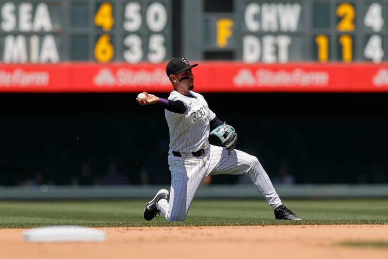 Jun 23, 2024; Denver, Colorado, USA; Colorado Rockies second baseman Alan Trejo (13) throws to first for an out in the seventh inning against the Washington Nationals at Coors Field. Mandatory Credit: Isaiah J. Downing-USA TODAY Sports