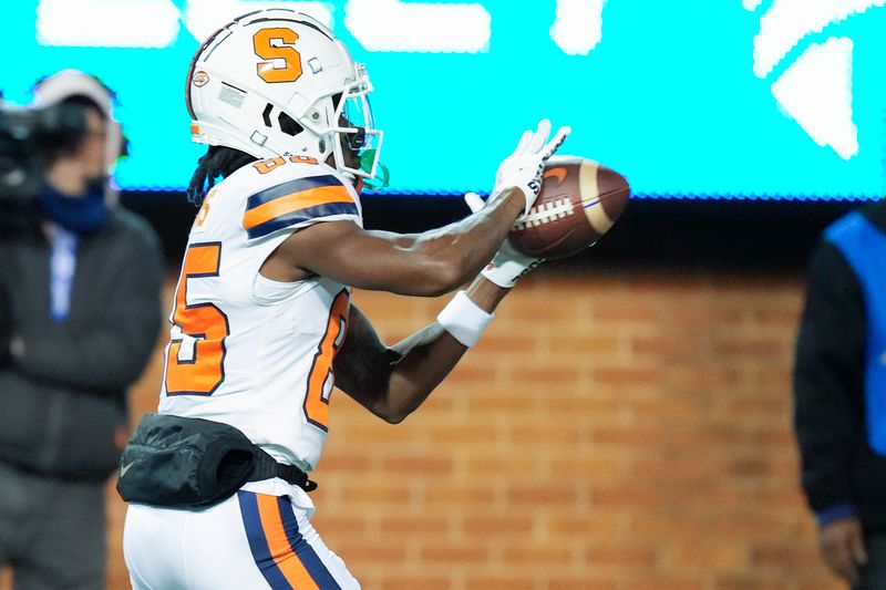 Nov 19, 2022; Winston-Salem, North Carolina, USA;  Syracuse Orange wide receiver D'Marcus Adams (85) makes a catch during the first half against the Wake Forest Demon Deacons at Truist Field. Mandatory Credit: Jim Dedmon-USA TODAY Sports