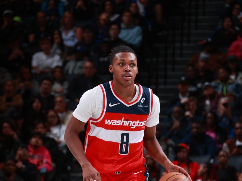 BROOKLYN, NY - OCTOBER 14: Bub Carrington #8 of the Washington Wizards dribbles the ball during the game against the Brooklyn Nets during a NBA preseason game on October 14, 2024 at Barclays Center in Brooklyn, New York. NOTE TO USER: User expressly acknowledges and agrees that, by downloading and or using this Photograph, user is consenting to the terms and conditions of the Getty Images License Agreement. Mandatory Copyright Notice: Copyright 2024 NBAE (Photo by Nathaniel S. Butler/NBAE via Getty Images)