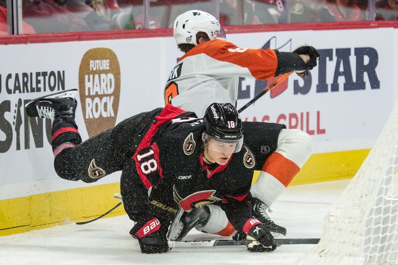 Oct 14, 2023; Ottawa, Ontario, CAN; Ottawa Senators center Tim Stutzle (18) collides with Philadelphia Flyers defenseman Cam York (8) in the first period at the Canadian Tire Centre. Mandatory Credit: Marc DesRosiers-USA TODAY Sports