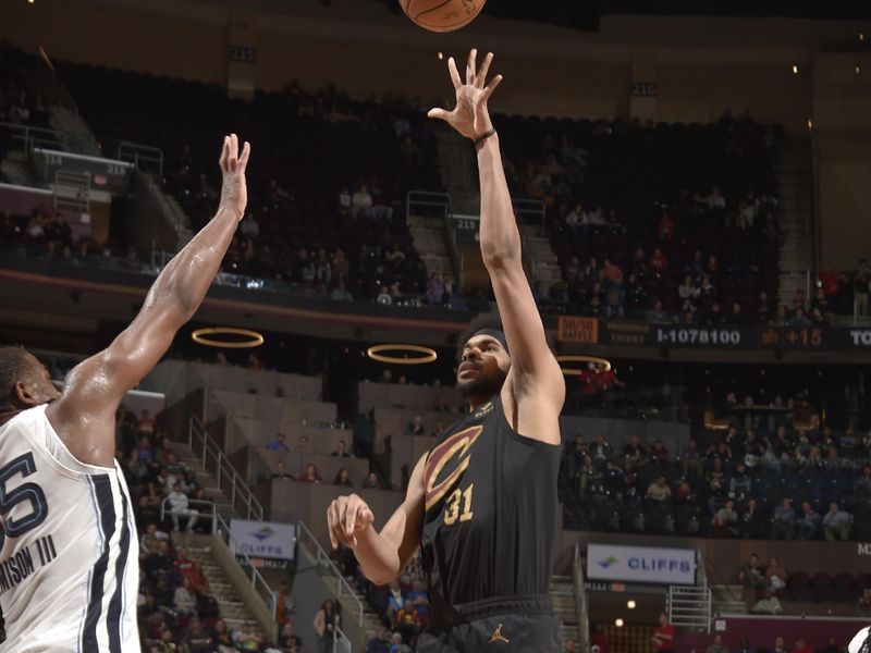 CLEVELAND, OH - APRIL 10: Jarrett Allen #31 of the Cleveland Cavaliers shoots the ball during the game against the Memphis Grizzlies on April 10, 2024 at Rocket Mortgage FieldHouse in Cleveland, Ohio. NOTE TO USER: User expressly acknowledges and agrees that, by downloading and/or using this Photograph, user is consenting to the terms and conditions of the Getty Images License Agreement. Mandatory Copyright Notice: Copyright 2024 NBAE (Photo by David Liam Kyle/NBAE via Getty Images)