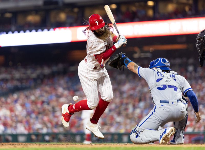 Aug 4, 2023; Philadelphia, Pennsylvania, USA; Philadelphia Phillies center fielder Brandon Marsh (16) is hit by a pitch during the fourth inning against the Kansas City Royals at Citizens Bank Park. Mandatory Credit: Bill Streicher-USA TODAY Sports