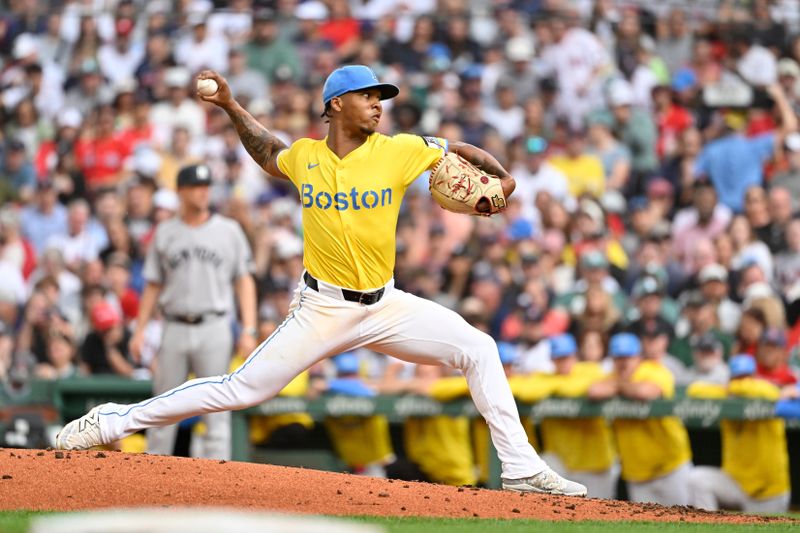 Sep 13, 2025; Boston, Massachusetts, USA; Boston Red Sox starting pitcher Brayan Bello (66) pitches against the New York Yankees during the third inning at Fenway Park. Mandatory Credit: Eric Canha-Imagn Images