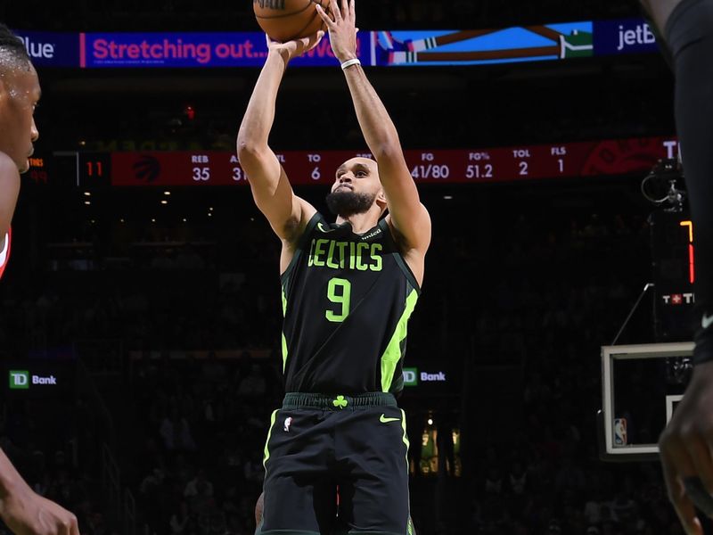 BOSTON, MA - NOVEMBER 16: Derrick White #9 of the Boston Celtics shoots the ball during the game against the Toronto Raptors on November 16, 2024 at TD Garden in Boston, Massachusetts. NOTE TO USER: User expressly acknowledges and agrees that, by downloading and/or using this Photograph, user is consenting to the terms and conditions of the Getty Images License Agreement. Mandatory Copyright Notice: Copyright 2024 NBAE (Photo by Brian Babineau/NBAE via Getty Images)