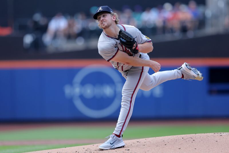 Jul 27, 2024; New York City, New York, USA; Atlanta Braves starting pitcher Spencer Schwellenbach (56) follows through on a pitch against the New York Mets during the first inning at Citi Field. Mandatory Credit: Brad Penner-USA TODAY Sports