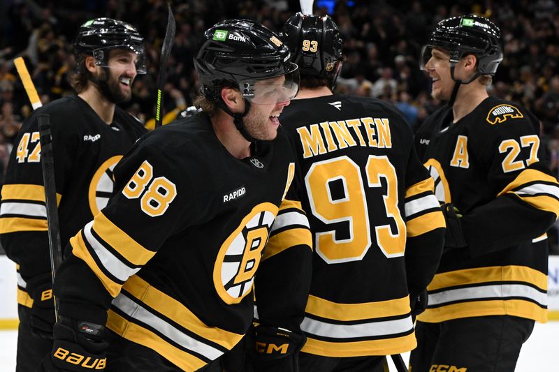 Nov 11, 2025; Boston, Massachusetts, USA; Boston Bruins right wing David Pastrnak (88) reacts after scoring a goal against the Toronto Maple Leafs during the third period at the TD Garden. Mandatory Credit: Brian Fluharty-Imagn Images