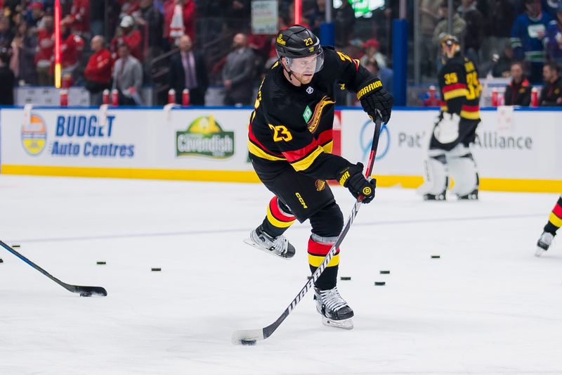 Feb 15, 2024; Vancouver, British Columbia, CAN; Vancouver Canucks forward Elias Lindholm (23) shoots during warm up prior to a game against the Detroit Red Wings at Rogers Arena.  Mandatory Credit: Bob Frid-USA TODAY Sports