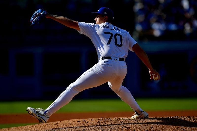 Jun 4, 2023; Los Angeles, California, USA; Los Angeles Dodgers starting pitcher Bobby Miller (70) throws against the New York Yankees during the fourth inning at Dodger Stadium. Mandatory Credit: Gary A. Vasquez-USA TODAY Sports