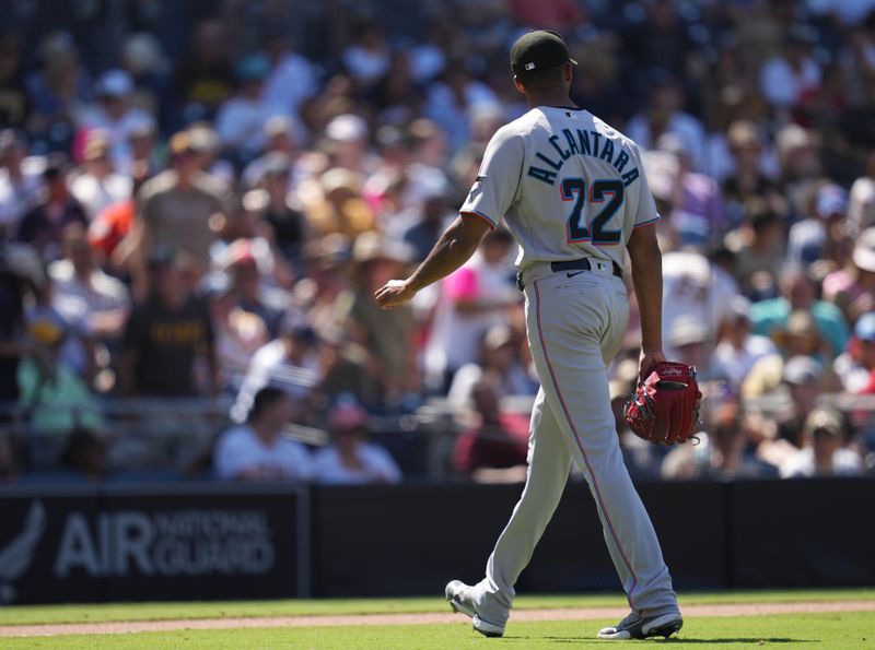 Aug 23, 2023; San Diego, California, USA;  Miami Marlins starting pitcher Sandy Alcantara (22) leaves the game against the San Diego Padres during the seventh inning at Petco Park. Mandatory Credit: Ray Acevedo-USA TODAY Sports