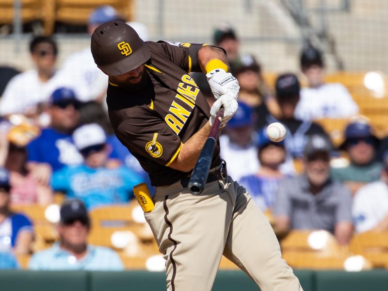 Feb 23, 2024; Phoenix, Arizona, USA; San Diego Padres infielder Mason McCoy against the Los Angeles Dodgers during a spring training game at Camelback Ranch-Glendale. Mandatory Credit: Mark J. Rebilas-USA TODAY Sports