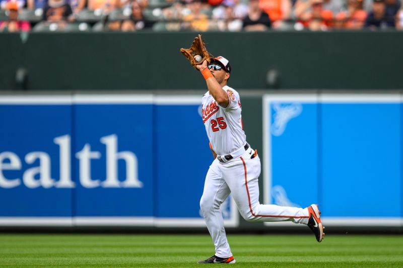 Aug 6, 2023; Baltimore, Maryland, USA; Baltimore Orioles right fielder Anthony Santander (25) makes a catch during the seventh inning against the New York Mets at Oriole Park at Camden Yards. Mandatory Credit: Reggie Hildred-USA TODAY Sports