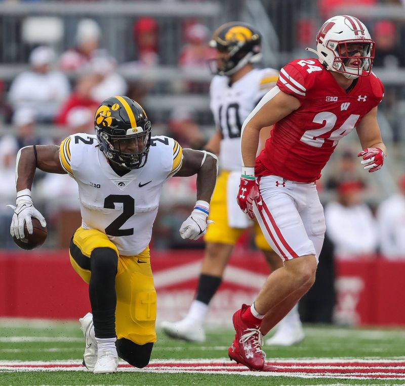 Oct 14, 2023; Madison, Wisconsin, USA; Iowa Hawkeyes running back Kaleb Johnson (2) reacts after running the ball for a first down against the Wisconsin Badgers at Camp Randall Stadium. Mandatory Credit: Tork Mason-USA TODAY Sports