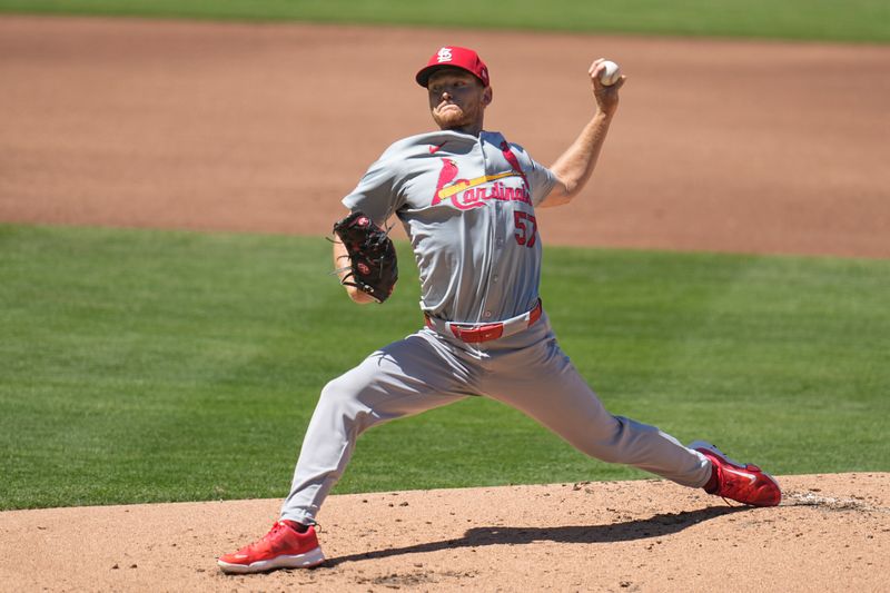 Apr 3, 2024; San Diego, California, USA; St. Louis Cardinals starting pitcher Zack Thompson (57) throws a pitch against the San Diego Padres during the first inning at Petco Park. Mandatory Credit: Ray Acevedo-USA TODAY Sports