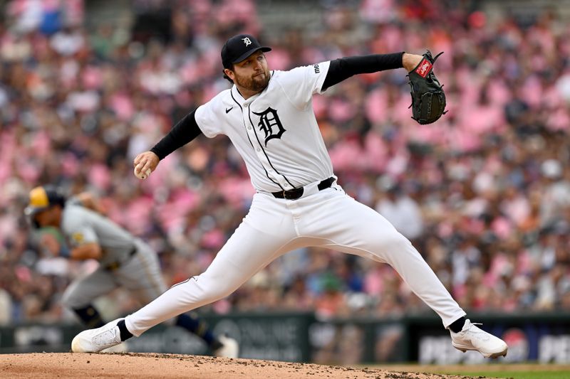 Jun 8, 2024; Detroit, Michigan, USA;  Detroit Tigers starting pitcher Casey Mize (12) throws a pitch against the Milwaukee Brewers in the second inning at Comerica Park. Mandatory Credit: Lon Horwedel-USA TODAY Sports