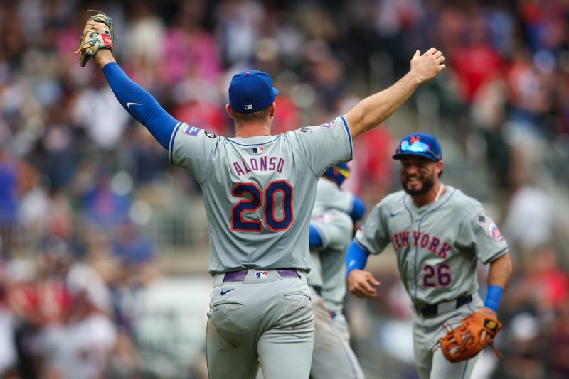 Sep 30, 2024; Atlanta, Georgia, USA; New York Mets first baseman Pete Alonso (20) celebrates after a victory over the Atlanta Braves and clinching a wild card playoff birth at Truist Park. Mandatory Credit: Brett Davis-Imagn Images